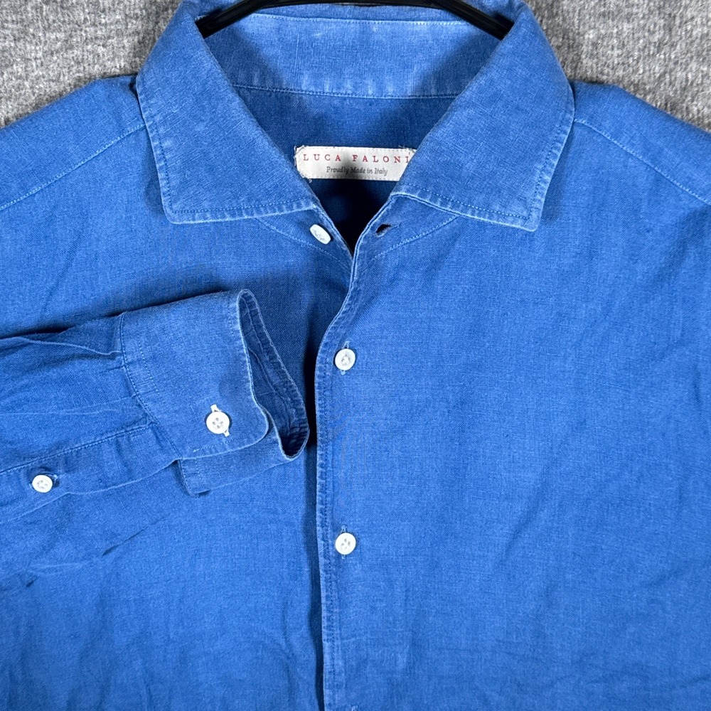 Luca Faloni Shirt Mens 16.5 42 Blue Portofino 100% Linen Long Sleeve Button